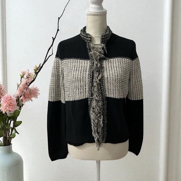 Chico's Parisian Chic Modern Boho Fringe Trim Colorblocked Cardigan Sweater M - Picture 1 of 9